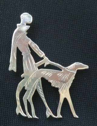 Vintage Sterling Silver Pin Brooch High Society Lady With Afghan Hound Dog