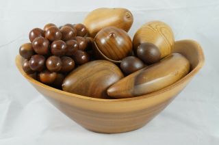 Vintage 11 Solid Wood Fruit & Bowl Carved Grapes Bananas Pears Leather Accents