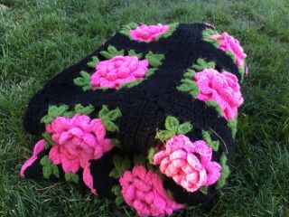 Vintage Handmade Crochet Throw Blanket Afghan 3d Flowers Pink Black