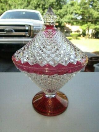 Vintage Clear And Red Cut Glass Footed Candy Dish With Lid Cover Covered