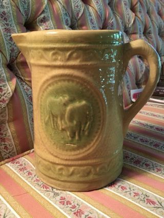 Vintage Salt Glaze Yellow Ware Stoneware Green Water Pitcher Grazing Cows 8 Inch