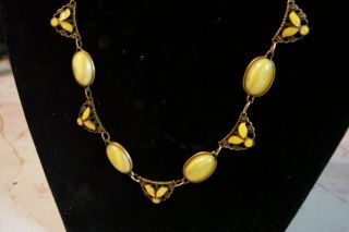 Antique Art Deco Vintage Czech Czechoslovakia Yellow Enamel & Glass Necklace