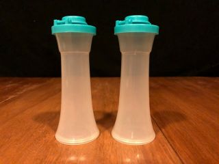 Vintage Tupperware Small Salt And Pepper Shakers 4 ¼” Aqua / Turquoise Tops
