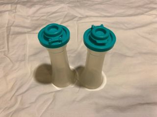 Vintage Tupperware Small Salt and Pepper Shakers 4 ¼” Aqua / Turquoise Tops 2