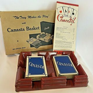 Vintage 1950 Boxed Canasta Basket Tray Pacific Playing Cards Double Deck Game