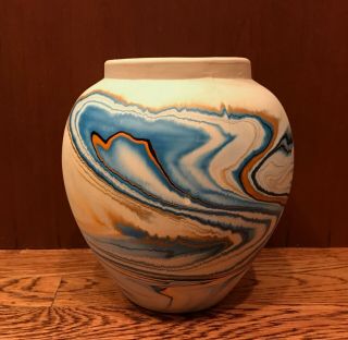 Vintage Nemadji Large Art Pottery Turquoise Blue Orange Swirl Vase - 8 " X 7 "