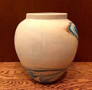Vintage NEMADJI Large Art Pottery Turquoise Blue Orange Swirl Vase - 8 