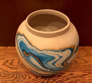 Vintage NEMADJI Large Art Pottery Turquoise Blue Orange Swirl Vase - 8 