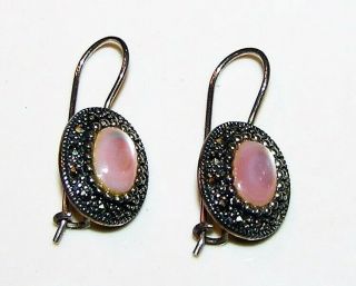 Vintage Sterling Silver Pink Mother Of Pearl And Marcasite Earrings