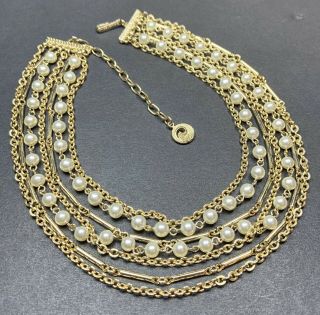 Signed Lisner Vintage Necklace Choker 15” Multistrand Gold Tone Faux Pearls