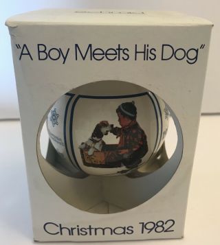 Vtg Schmid Christmas Ornament A Boy Meets His Dog Norman Rockwell Tree Ball 1982