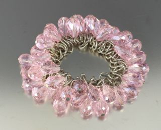Vintage 70’s Pink Tear Drop Crystal Glass Bead Cluster Stretch Bracelet