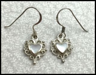 Vintage.  925 Sterling Silver & Mother Of Pearl,  Petite Filigree Heart Earrings