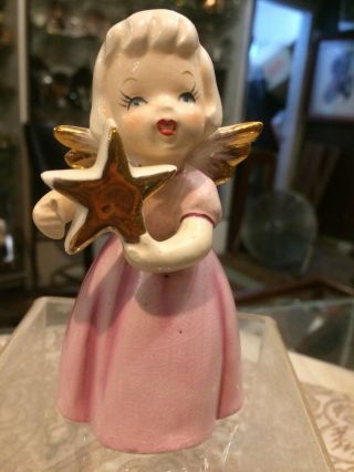 Vintage Antique Pink Wing Angel With Gold Star