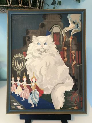 Vintage Rare 1954 Persian Cat Paint By Number Oil Painting 16”x12” Framed