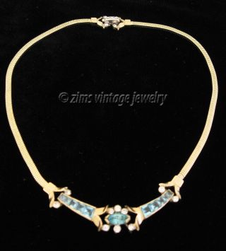 Vintage Old Joseph Mazer Signed Aqua Blue Rhinestone Gold Chain Choker Necklace
