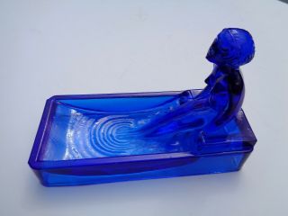 Vintage Soap Dish Cobalt Blue Glass Nude Nymph Art Deco