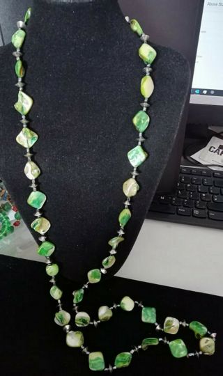 Vintage Green Mother Of Pearl Abalone Long Necklace