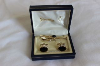 Stratton England Black Onyx Cufflinks And Tie Pin Set Vintage 1960 
