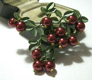 Vintage Style Art Deco Faux Red Pearl Bead Cranberries Enamel Pin Brooch