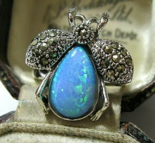 Vintage Style Art Deco Sterling Silver Marcasite Gilson Fire Opal Bee Ring Q 8