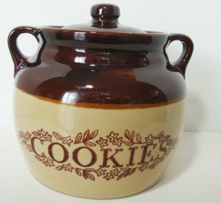 Vintage Monmouth Pottery Cookie Jar Stoneware Bean Pot Maple Leaf Brown