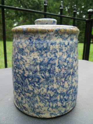 Vintage Blue & White Stoneware Crock Jar W Lid Signed Carol Sue Illinois Pottery