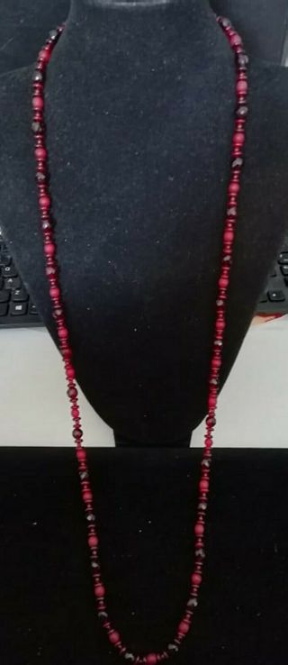 Vintage Dark Red Czech Crystal And Glass Beads Long Necklace