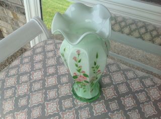 Vintage Hand Painted Glass Vase Green And White Fenton?