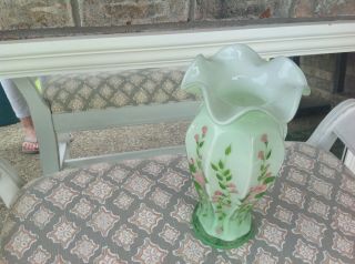 Vintage Hand Painted Glass Vase Green and White Fenton? 2
