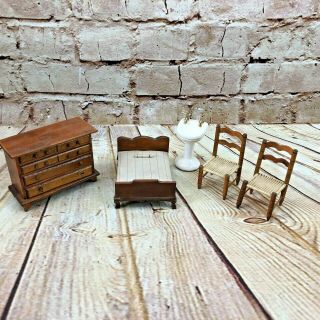 Vintage Dollhouse 1:12 Miniature Furniture Bed Room Dresser Bed Chairs