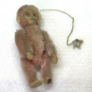 Vintage Antique Miniature Steiff Monkey W/ Glass Dog Necklace,  3 1/2 "