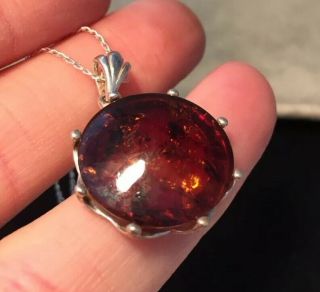 Vintage Jewellery Sterling Silver And Real Amber Pendant With Chain