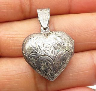 925 Silver - Vintage Floral Vine Etched Love Heart Locket Pendant (opens) - P5909