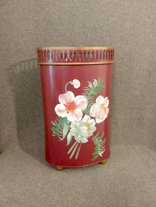 Vintage Plymouth Tole Hand Painted Waste Basket Trash Can Cottage Shabby Chic