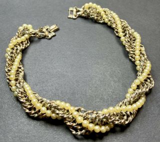 Signed Barclay Vintage Necklace Choker 15” Long Gold Tone Faux Pearls Twisted