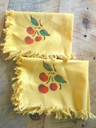 2 Vintage Linen Napkins Cherry Yellow Kitschy Mid Century Style Fringe Placemats