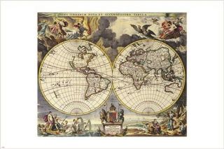 Antique Maps Of The World - Double Hemisphere - Vintage Poster 1680 24x36