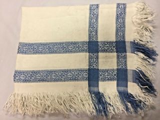 Estate Vintage Blue Jacquard Border White Damask Tablecloth Fringed Edges