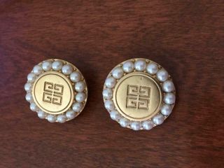 Estate Vintage Givenchy York Paris Clip Earrings Logo With Faux Pearls Vgc