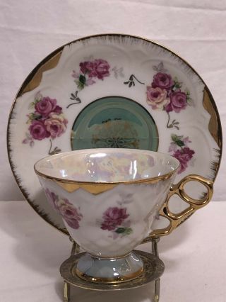 Vintage Royal Halsey Very Fine Tea Cup And Saucer Iridescent Floral Green/ Pink