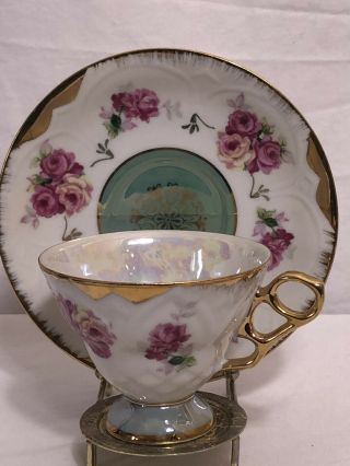 Vintage Royal Halsey Very Fine Tea Cup And Saucer Iridescent Floral Green/ Pink 2