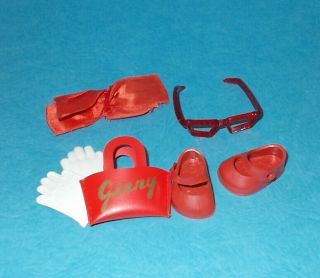 Vintage Vogue 8 " Ginny Doll Red Vinyl Shoes,  Gloves,  Glasses,  Purse,  Bow 1950s