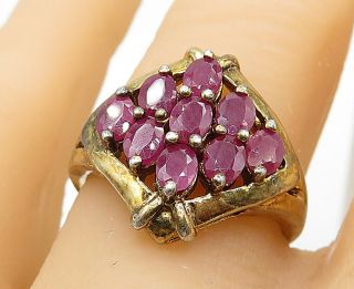 925 Sterling Silver - Vintage Ruby Gold Plated 9 Stone Cluster Ring Sz 7 - R9171