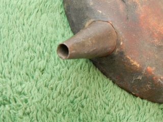 Rare Antique Black Powder Flask Round Wood & Leather? Metal Spout 2