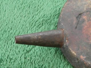 Rare Antique Black Powder Flask Round Wood & Leather? Metal Spout 3