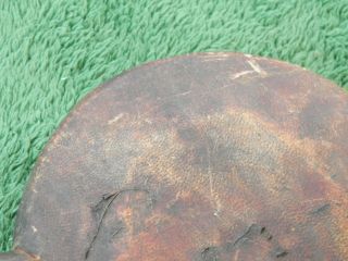 Rare Antique Black Powder Flask Round Wood & Leather? Metal Spout 4