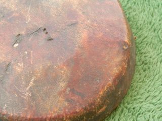 Rare Antique Black Powder Flask Round Wood & Leather? Metal Spout 5