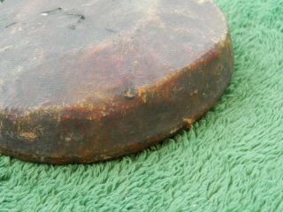 Rare Antique Black Powder Flask Round Wood & Leather? Metal Spout 7