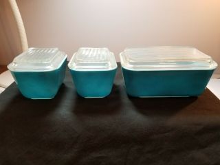 Vtg Pyrex Turquoise Teal Robins Egg Blue Refrigerator Dishes 0501 0502 W.  Lids